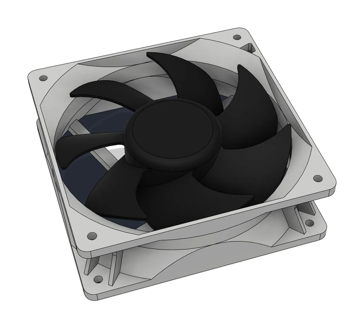 Seven-blade black fan rotor in a white square frame with corner mounting holes