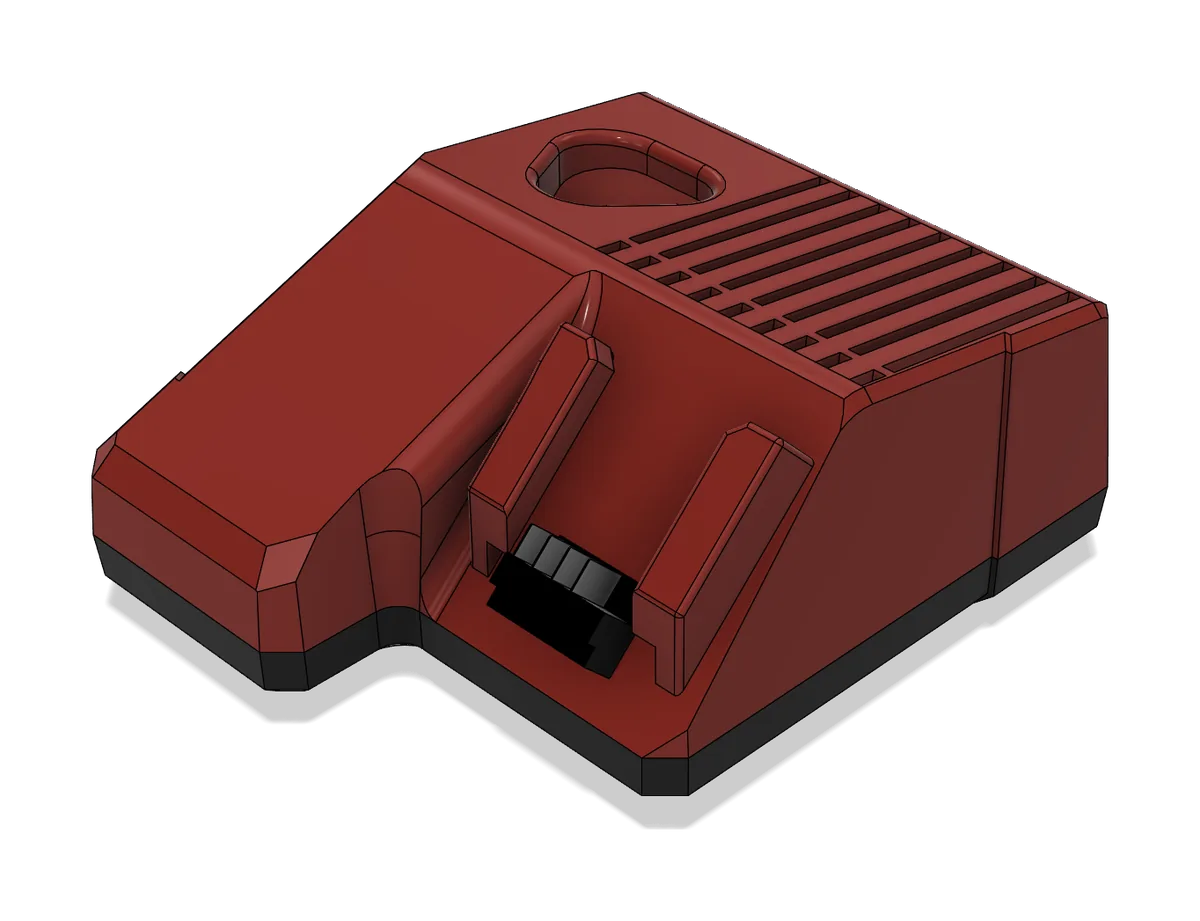 Red power-tool battery charger render with vent slots and a rail-mounted contact block