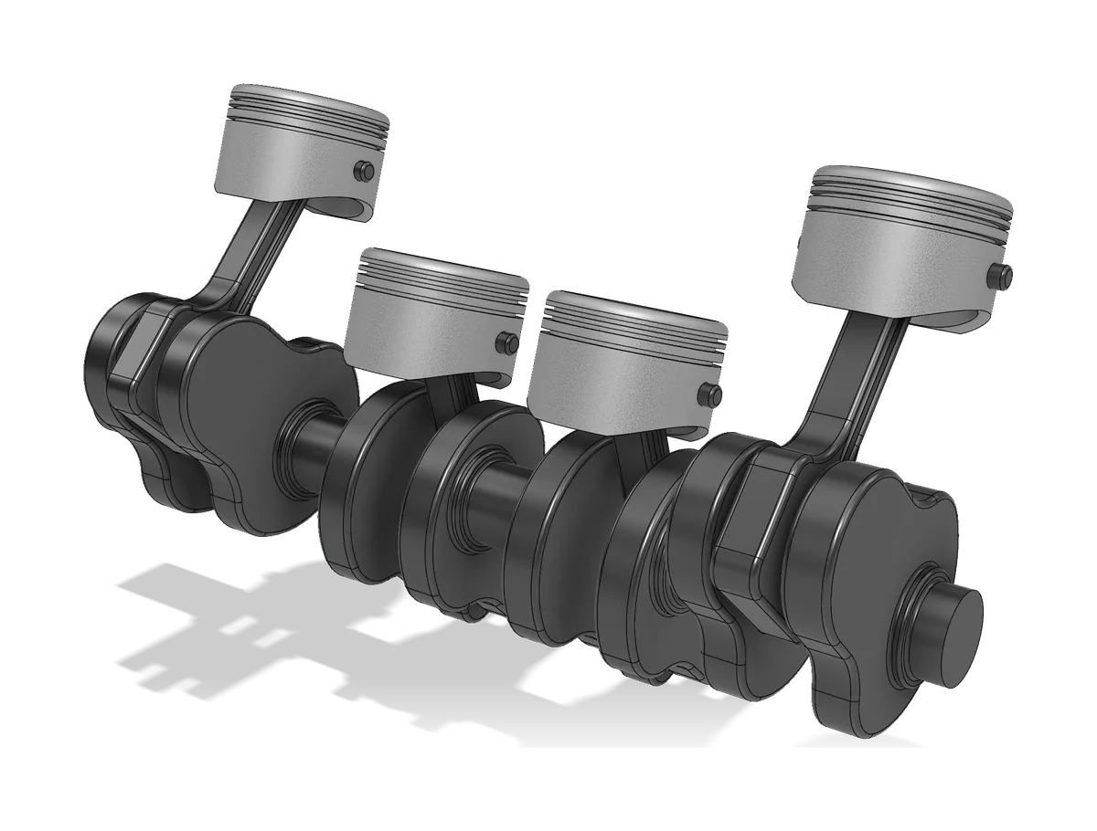 Render of an inline-four crankshaft with four connecting rods and pistons