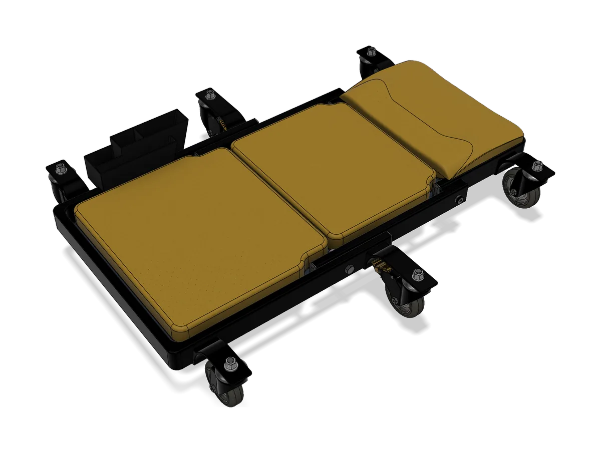 Render of the final garage creeper design with three padded sections, a black frame, six casters and a side tool tray
