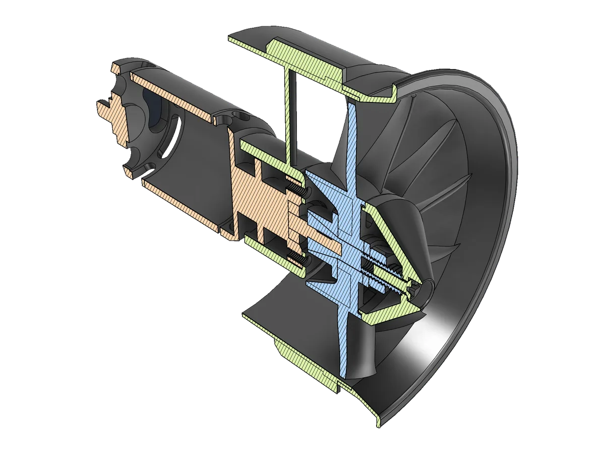 The same ducted fan cut in half, showing the motor mount, rotor hub and duct wall stacked together, with the cut faces hatched in colour