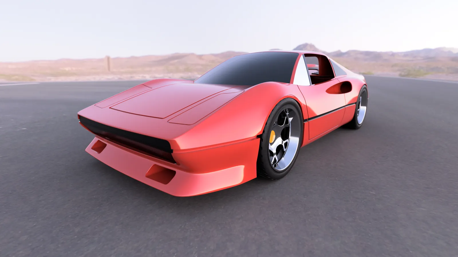 Render of a red Ferrari 308 body on a desert road from the front three-quarter: a low wedge nose with two headlight panels, a dark mesh grille across the front and a lower lip with two intakes