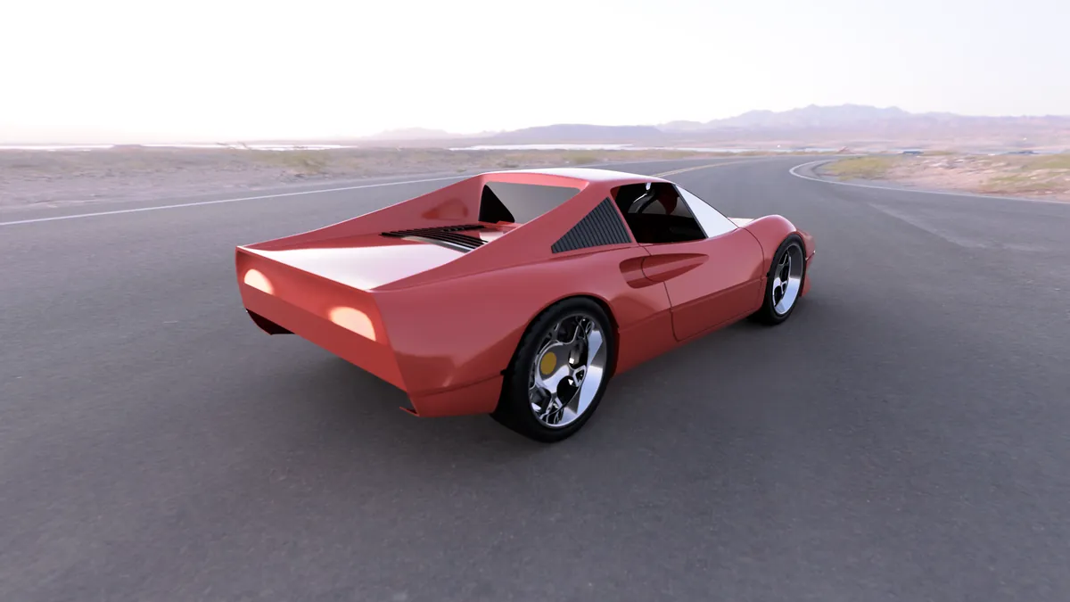 Render from the rear three-quarter on a desert road: the louvred sail panel behind the door, the side scoop, the louvres on the engine cover and the tail panel