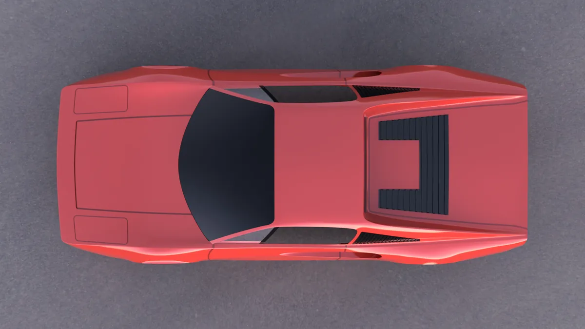 Top-down render with the nose to the left: the windscreen, the roof, the louvred engine cover and the sail panels either side of it