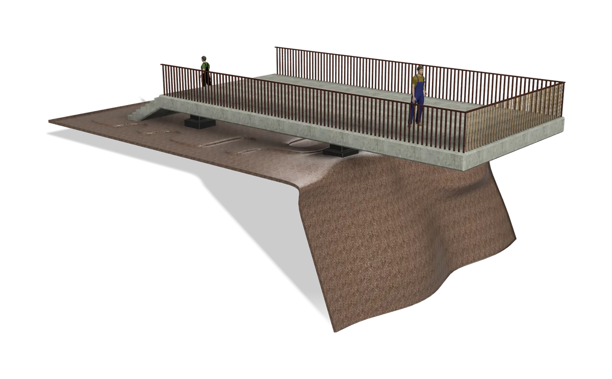 Concrete footbridge deck on two bearing blocks, overhanging a cliff edge, with stairs at the landward end, balustrades along both sides and two figures for scale