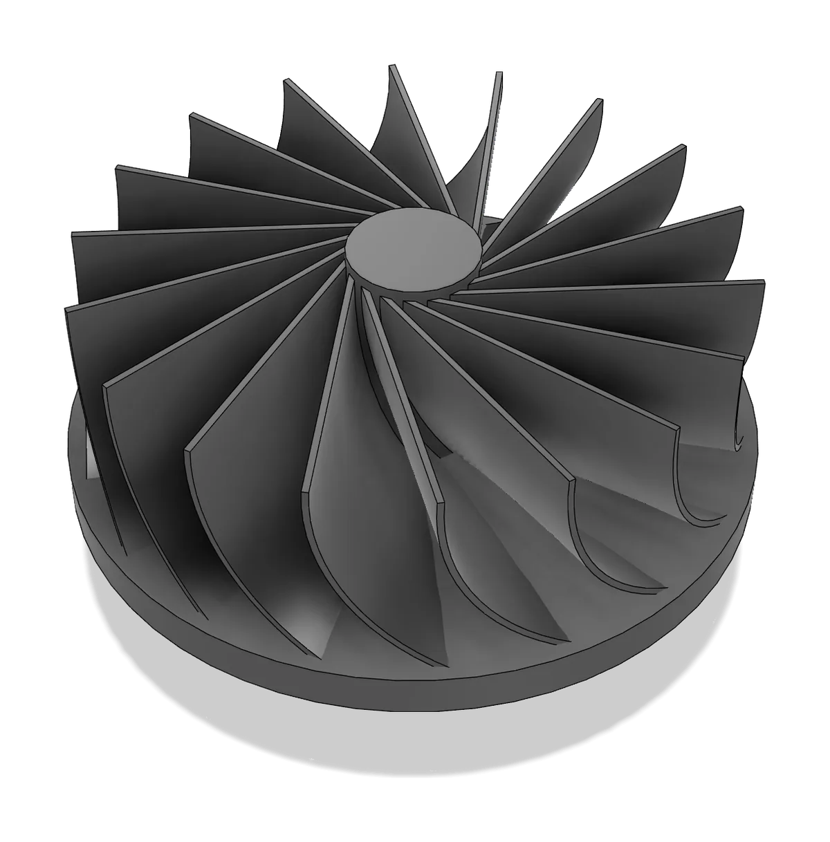 Grey impeller with many thin curved blades standing up from a flat backplate around a solid hub