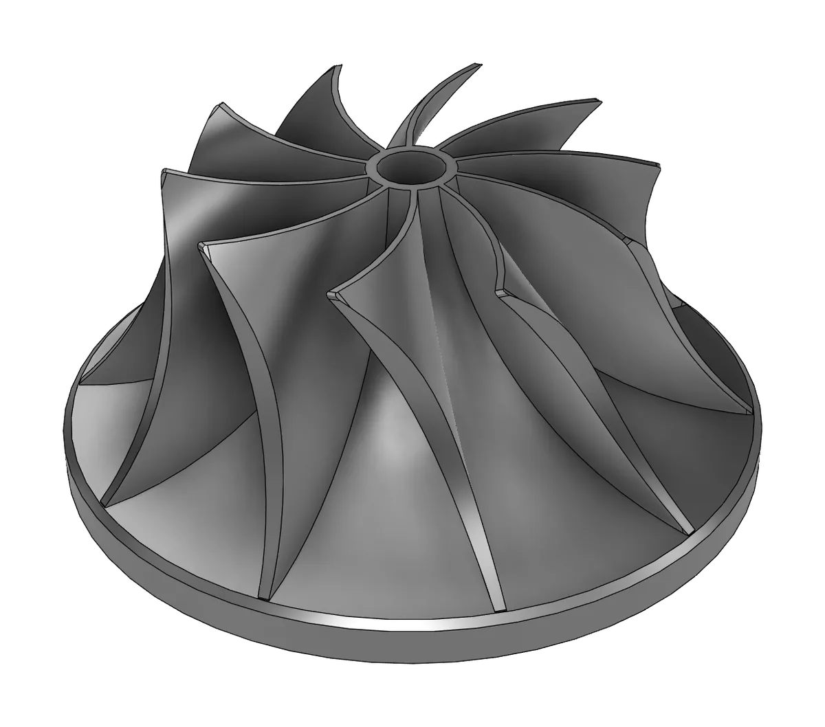 Grey compressor-style impeller with twisted blades on a flared hub and a central bore