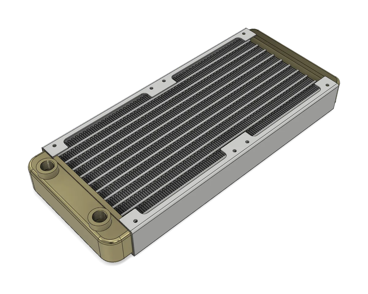 PC water-cooling radiator: finned core between a white frame and gold end tanks, with two ports on one end
