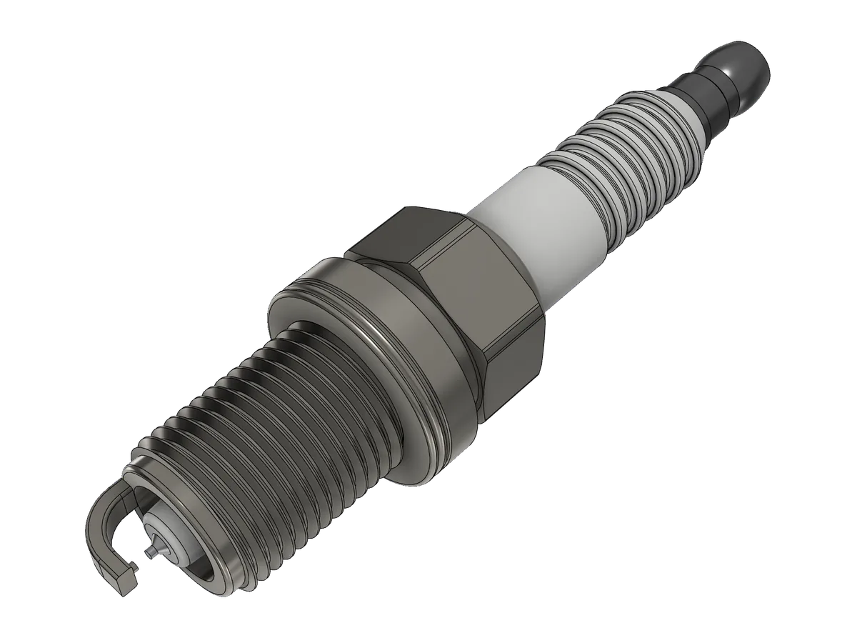 Spark plug render: threaded metal shell with a J-shaped ground electrode, hex, white ribbed insulator and terminal