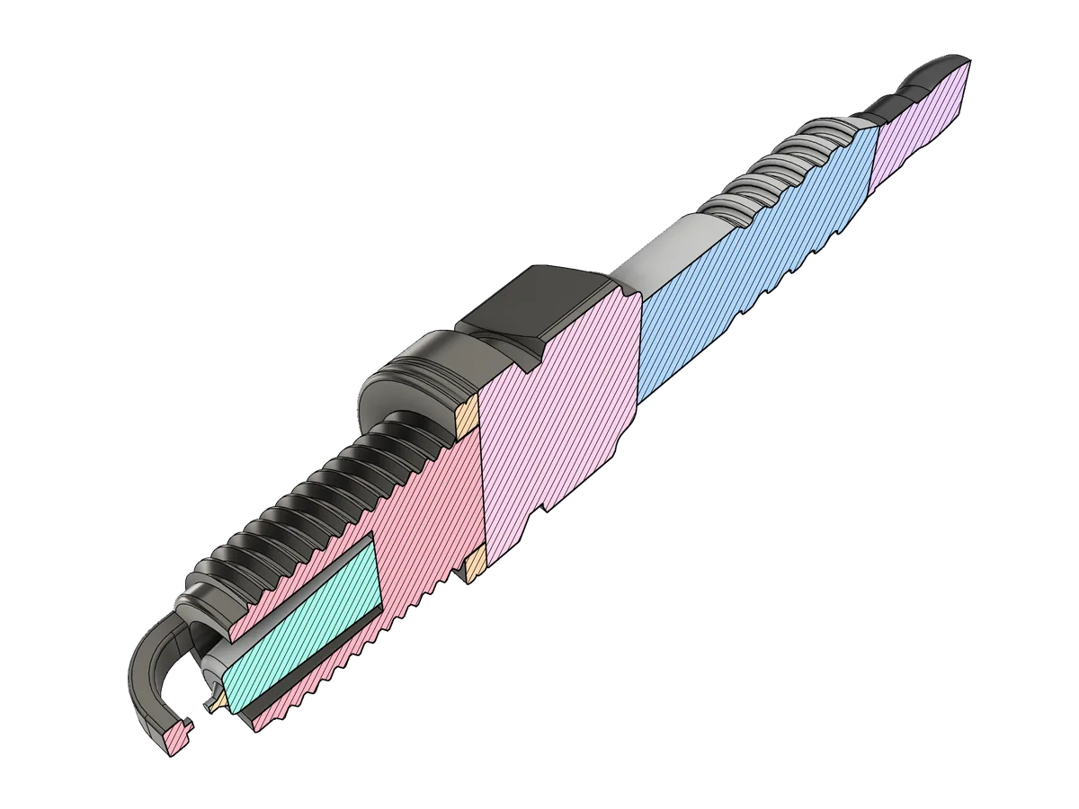 The same spark plug cut in half with the cut faces hatched in colour: threaded shell and ground electrode, insulator nose and centre electrode tip inside, ribbed insulator and terminal