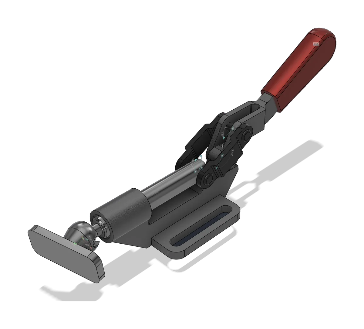 Toggle clamp render with a red handle, black linkage, a steel plunger with a pad on the end and a slotted mounting base