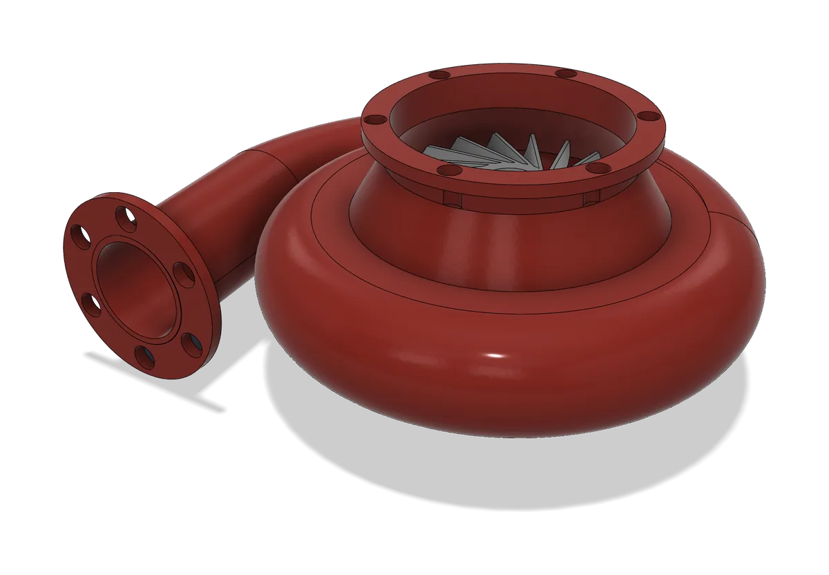 Red centrifugal volute casing with a flanged outlet pipe and a flange with bolt holes around the eye, with an impeller visible inside