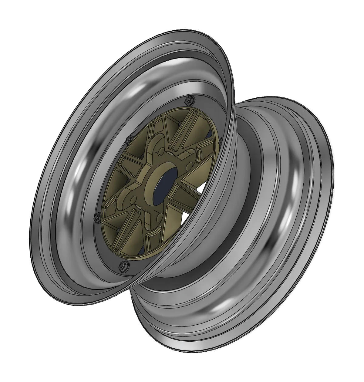 Three-quarter render of a polished split-rim wheel with a gold spoked centre