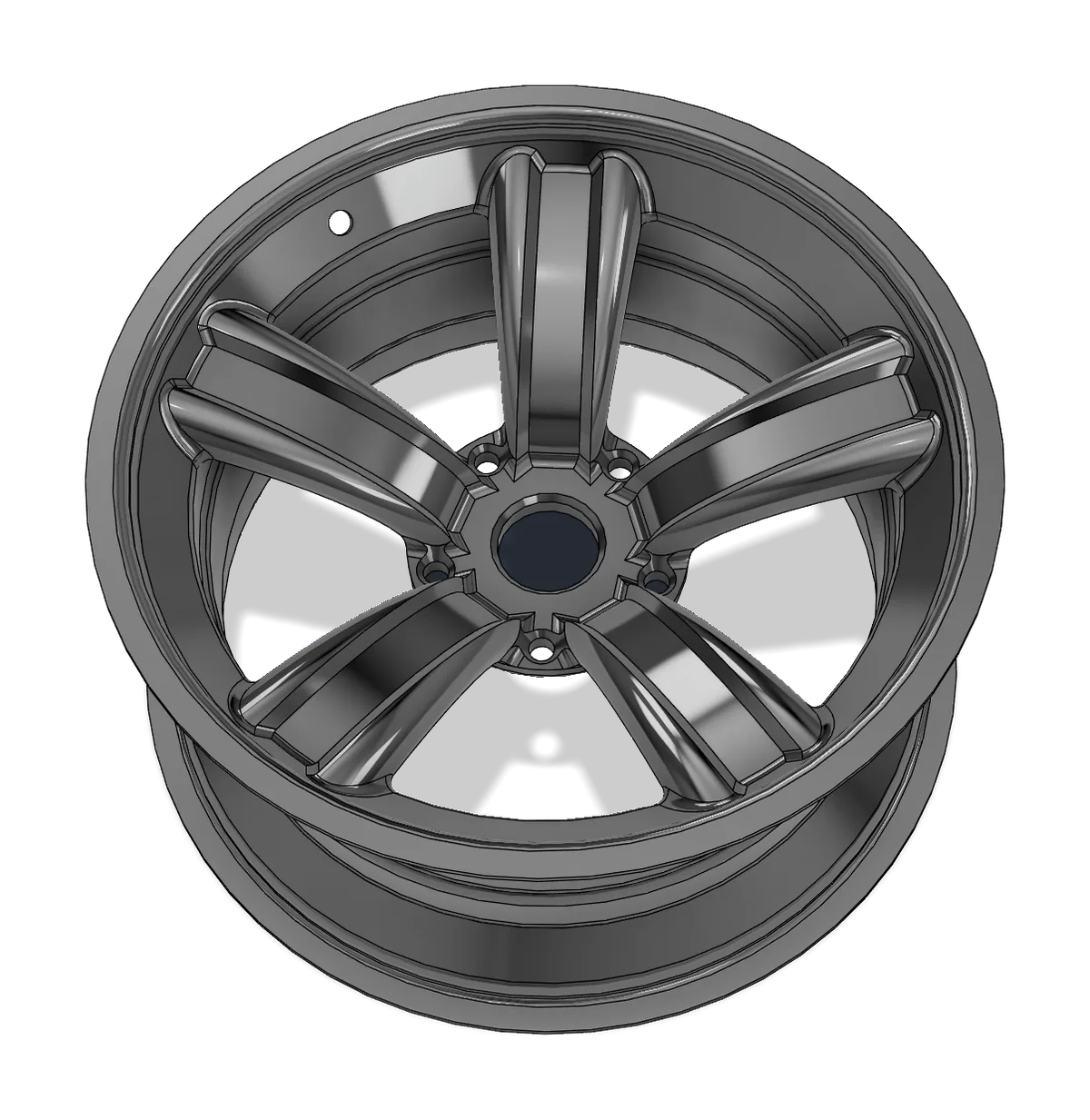 Polished five-spoke wheel render with a recessed channel down each spoke, a five-lug hub and a valve hole in the barrel