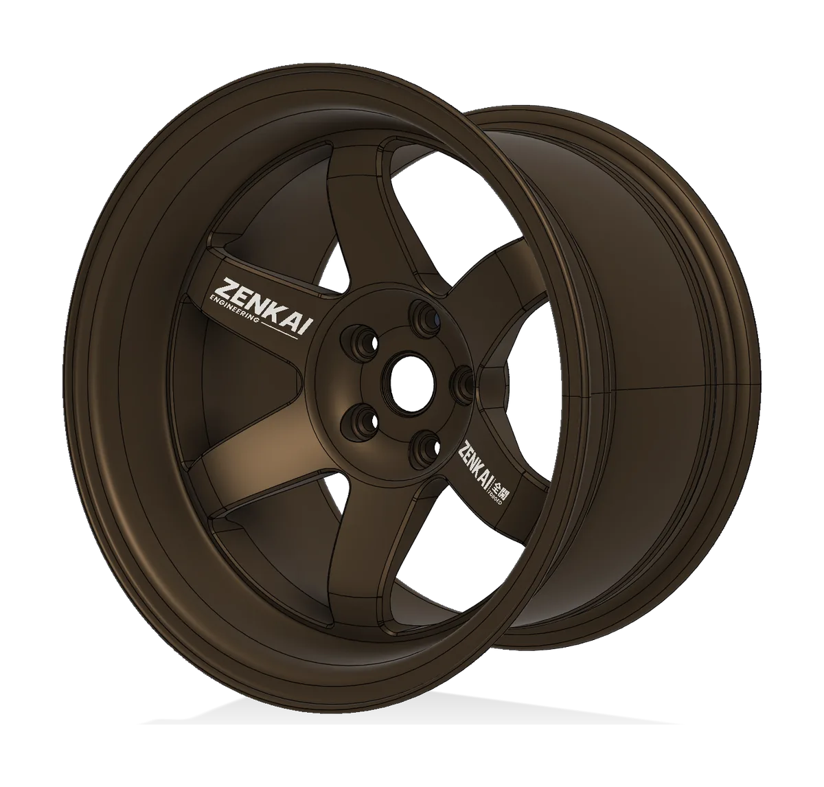 Bronze six-spoke five-lug wheel render with Zenkai decals