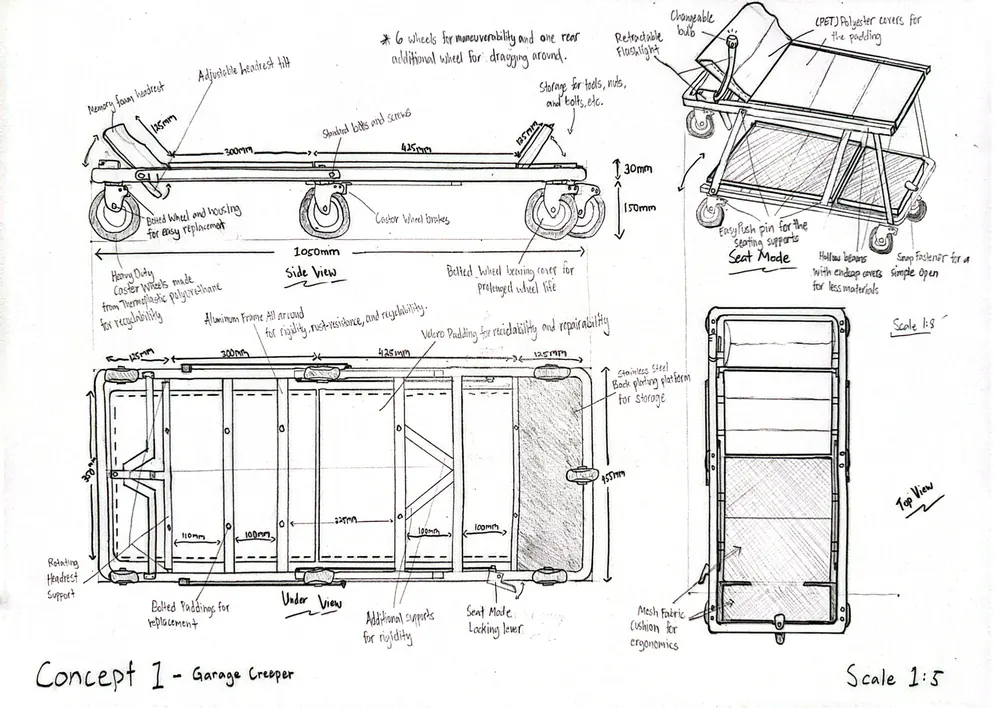 Concept 1 drawing: side, underside and raised seat views of an adjustable garage creeper, scale 1:5