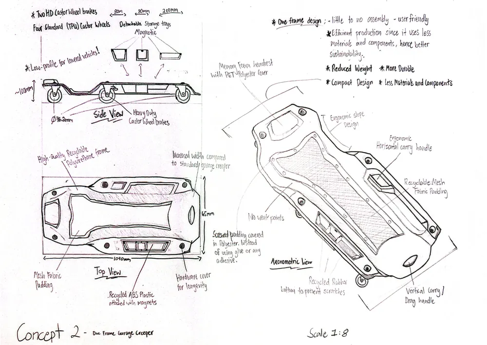 Concept 2 drawing: side, top and axonometric views of a single-frame creeper, scale 1:8