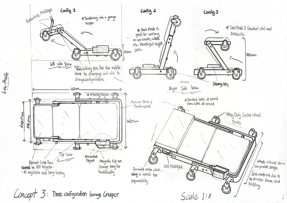 Concept 3 drawing: three operating configurations, from low-profile creeper to raised seat and stool, scale 1:8