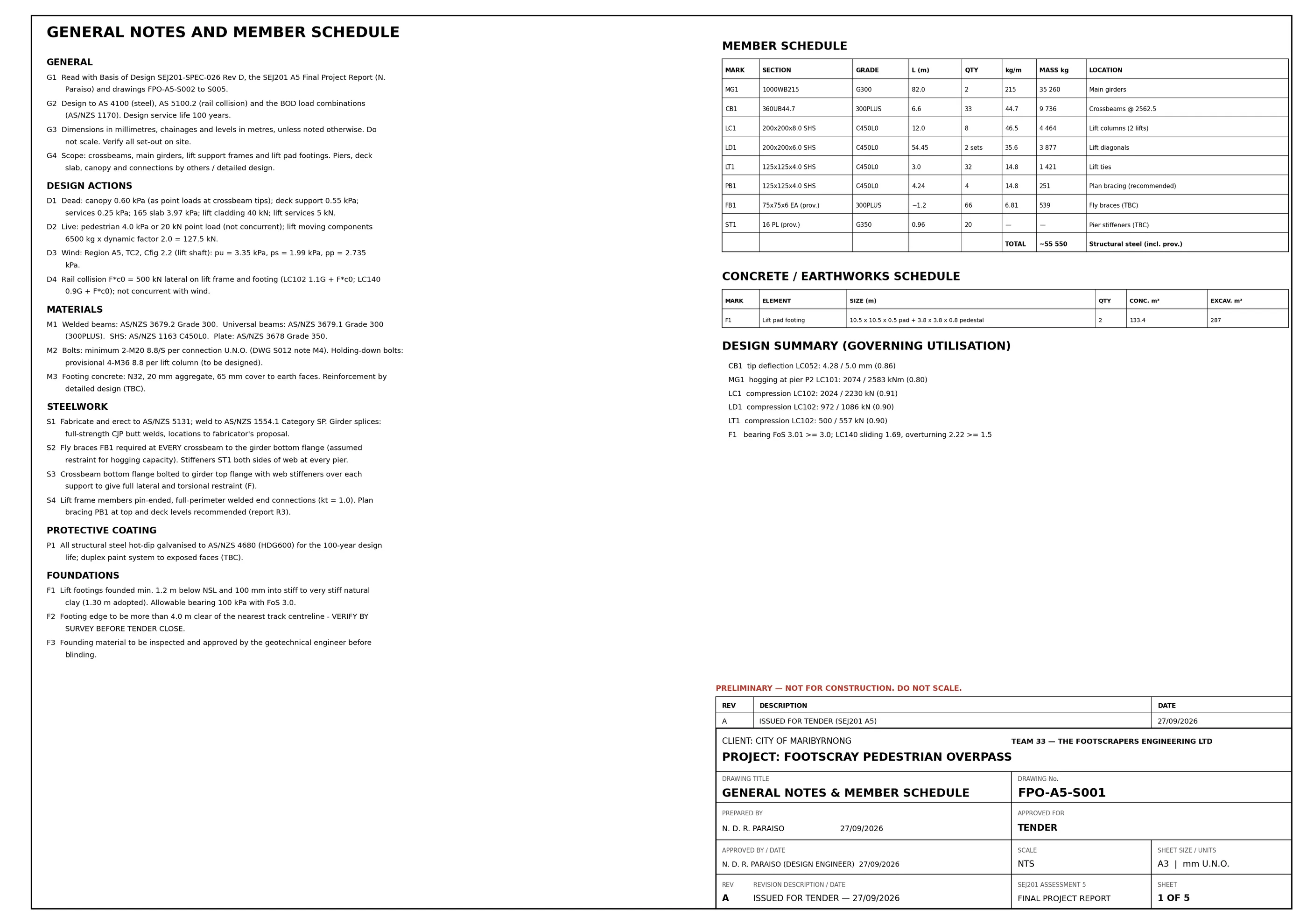 Tender drawing S001 — General notes & member schedule