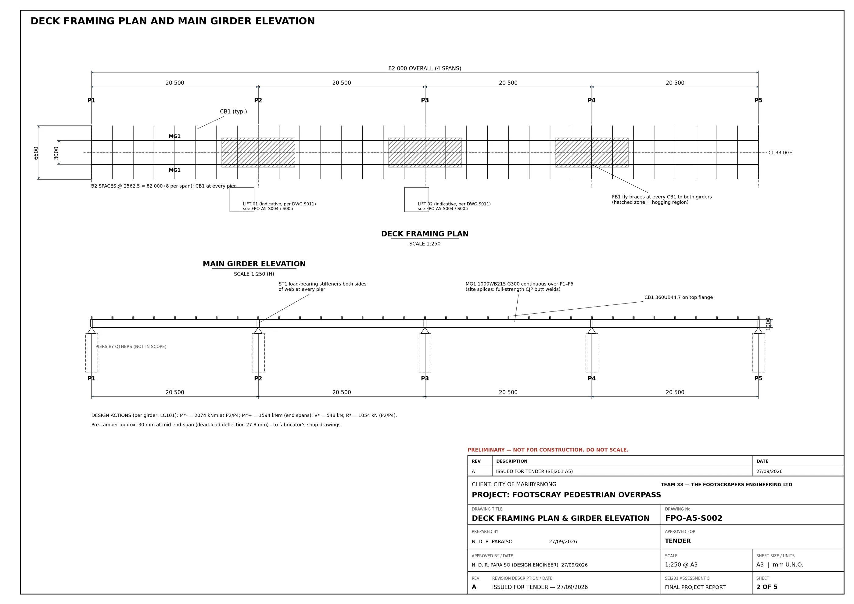 Tender drawing S002 — Deck framing plan & girder elevation