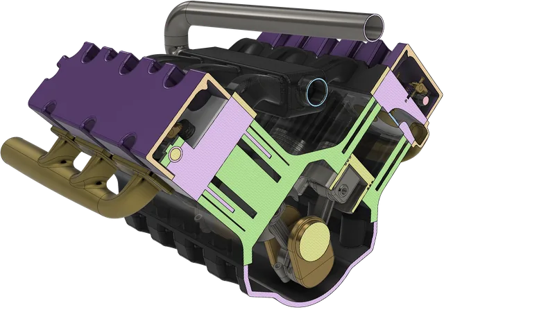 The V6 cut across the front of the block: the camshaft in the near head, a piston and gudgeon pin in the far bank, a crank web and the ribbed sump, with each cut face hatched in colour