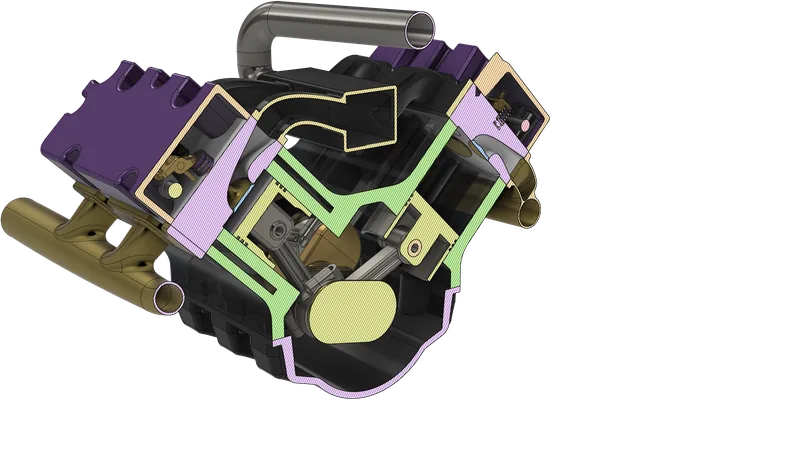 The V6 cut through an intake runner: the runner curving from the plenum into the near head, pistons in both banks, the header collector cut open on each side and a crank web, with each cut face hatched in colour