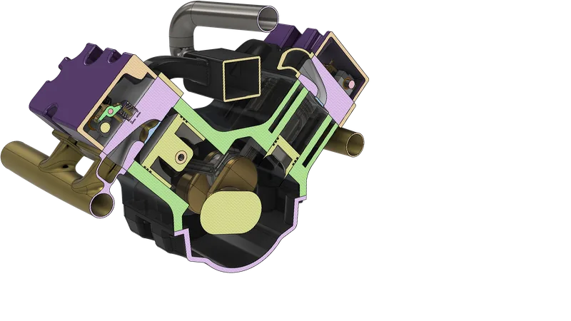 The V6 cut through the ports: a roller rocker and the camshaft in the near head, the exhaust port running into the header, the square plenum section and a crank web, with each cut face hatched in colour