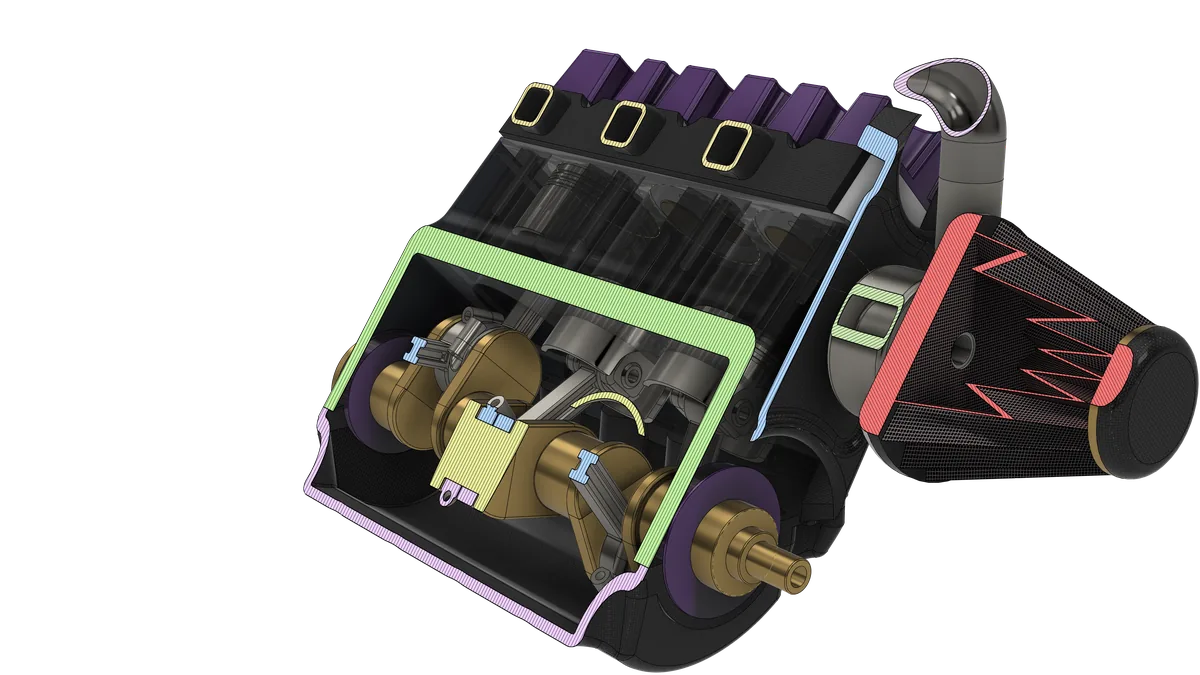 Lengthwise section through the V6 crankcase, with the connecting rods cut across to show their I-beam section and a big end cut open