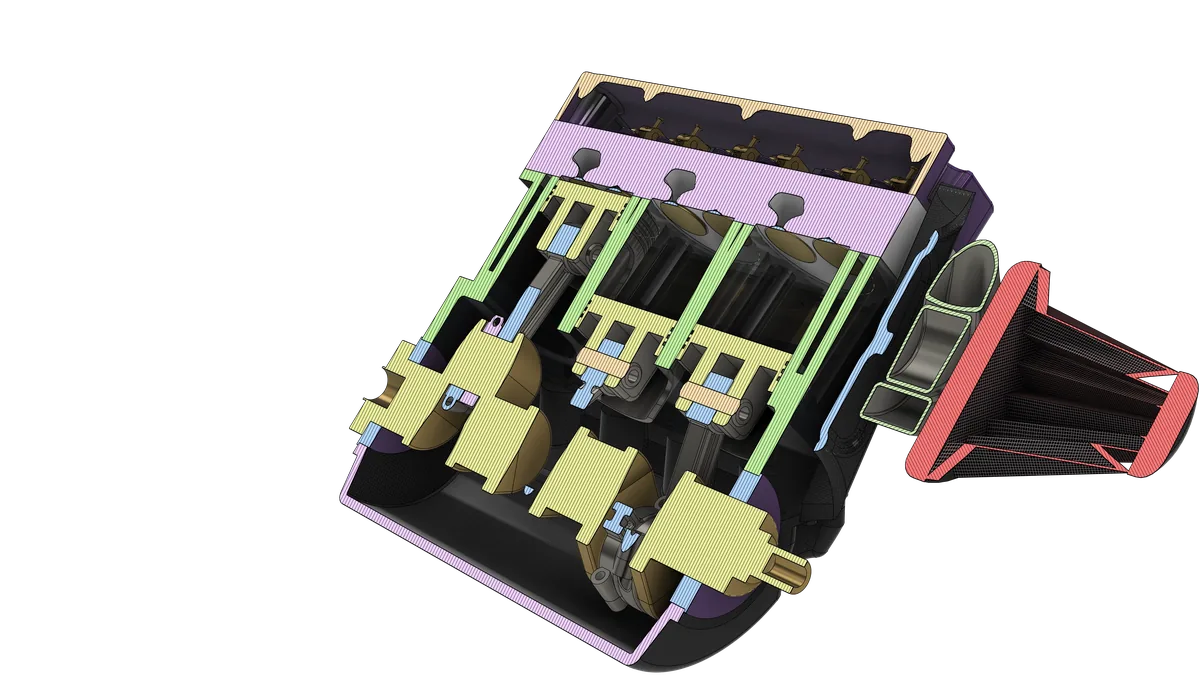 Lengthwise section along one bank of the V6: the cylinder head and valves, three pistons with their gudgeon pins, the connecting rods and the crank webs