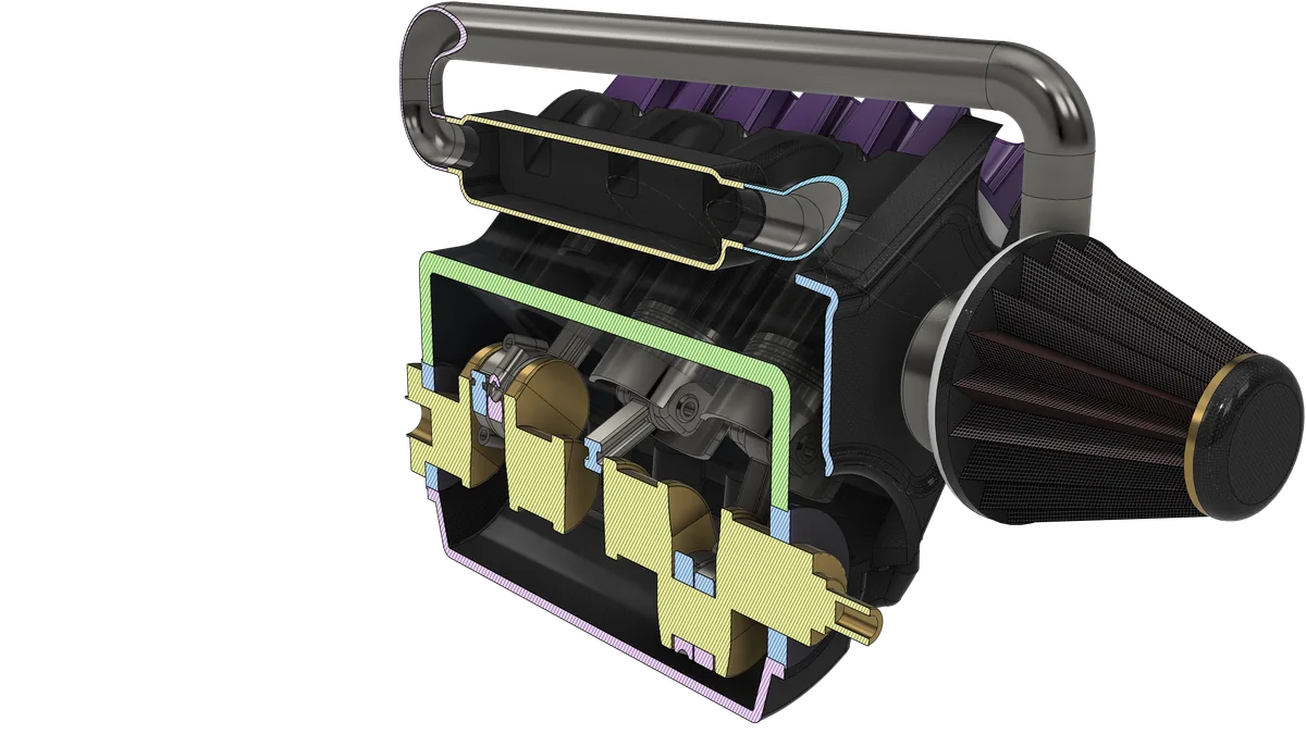 Lengthwise section down the middle of the V6: the intake plenum cut open along its length with the chrome pipe, and the crankshaft cut end to end