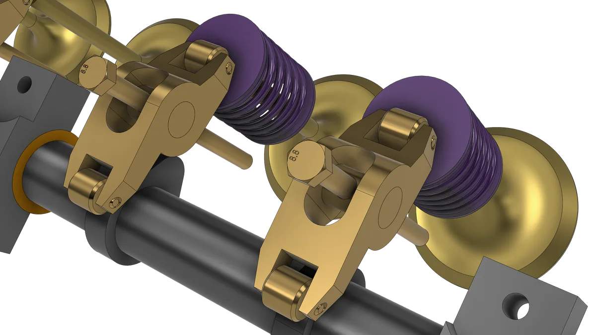 Close-up of two roller rockers: a roller at each end, and 8.8-marked heads on the rocker bolts