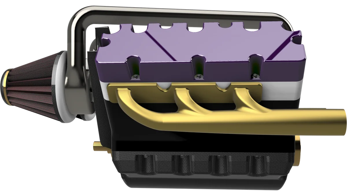 Side render of the V6: the 3-into-1 header below the rocker cover, the ribbed sump and a cone filter