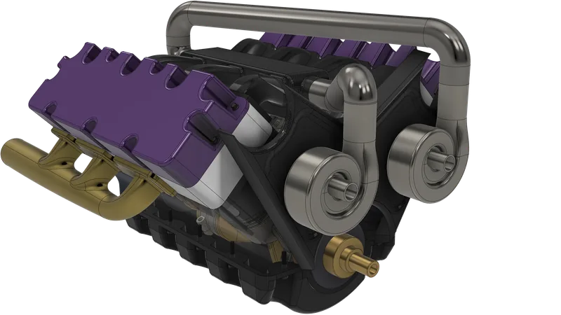 The V6 with the cone filters removed, showing two snail-shaped compressor housings at the front, each with a chrome outlet pipe running up to the plenum