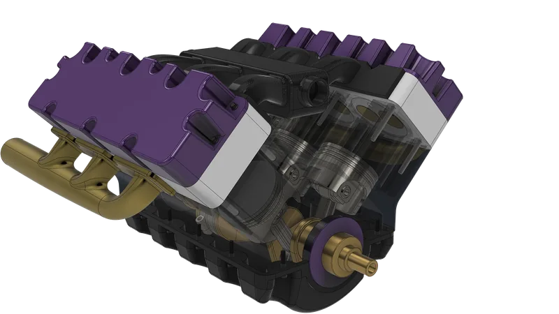 The V6 with the front cover removed and the block shown see-through, so the pistons and connecting rods are visible inside