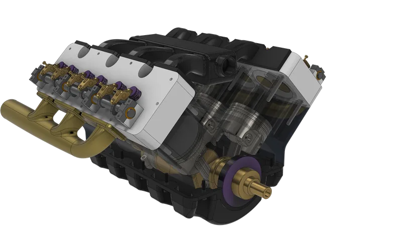 The V6 with the rocker covers removed: the camshaft in its bearing blocks along the white cylinder head, with brass roller rockers and purple valve springs