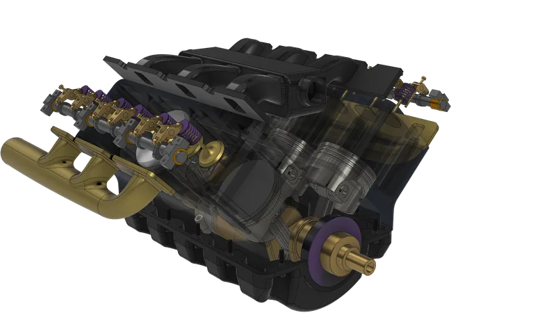The V6 with the cylinder heads hidden: the camshafts, rockers, springs and valves and the carbon intake manifold left in place above the see-through block