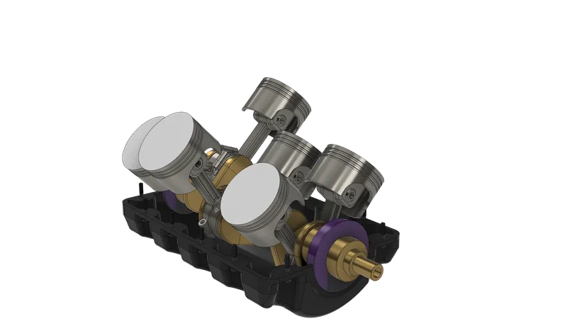 Six pistons on their connecting rods and the crankshaft, sitting in the black sump with its studs, with a purple bushing at each end of the crank