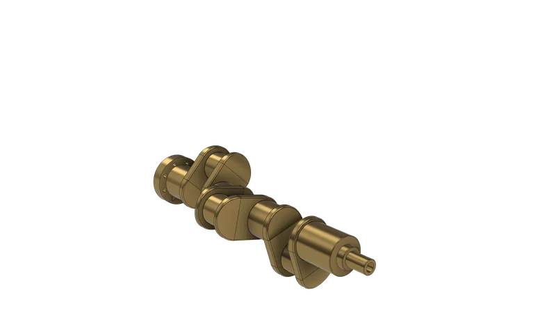 The bare brass-coloured crankshaft: three throws with counterweighted webs, a drilled flange at the rear and a hollow nose at the front