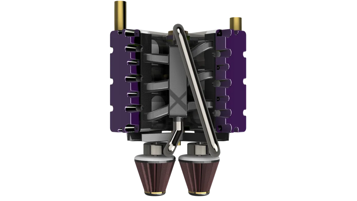 Top-down render of the V6: two purple rocker covers, the plenum and runners between them, the chrome intake pipes and the twin filters