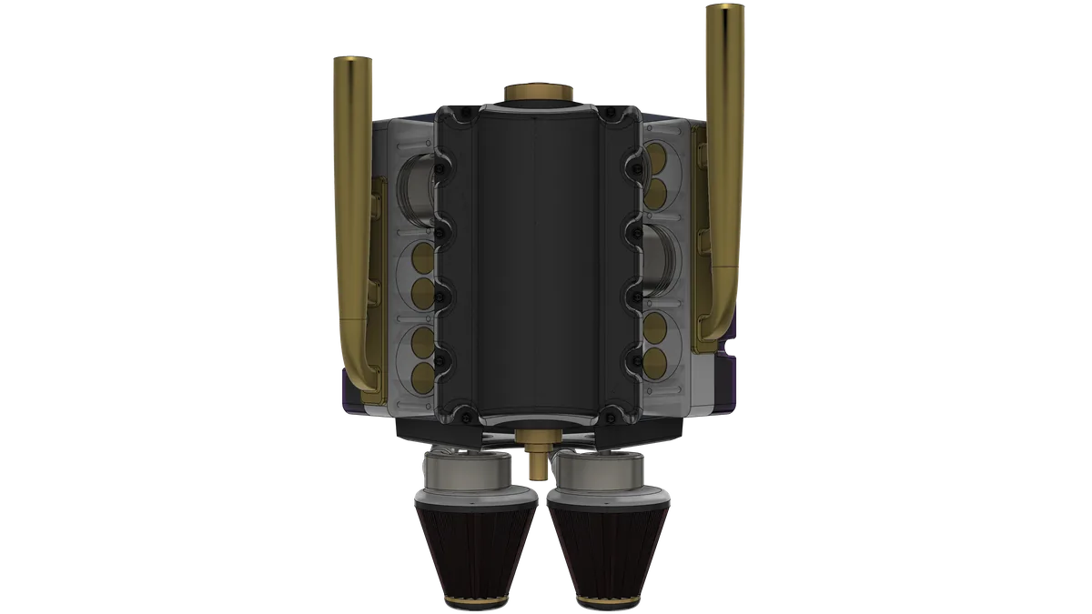 The V6 from underneath: the bolted sump in the middle, both headers and the twin filters