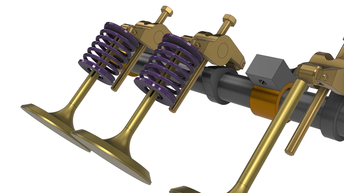 Two valves with their springs, rockers and the camshaft, with the head hidden